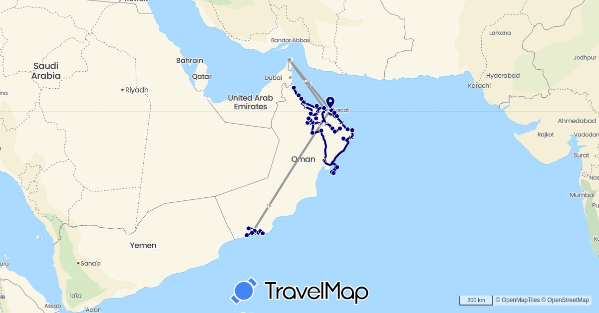 TravelMap itinerary: driving, plane in Oman (Asia)
