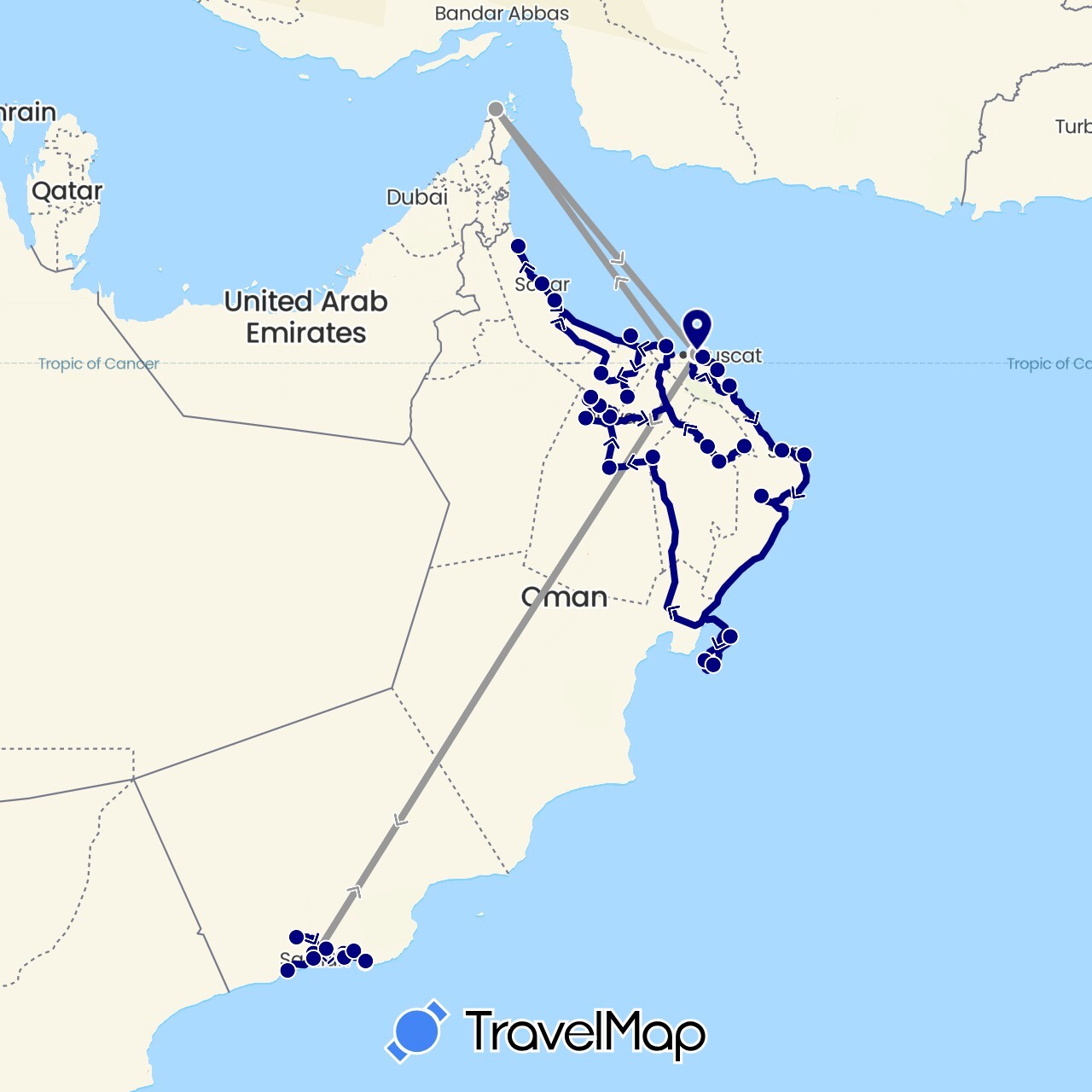TravelMap itinerary: driving, plane in Oman (Asia)