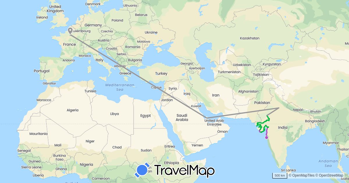 TravelMap itinerary: bus, plane, train in France, India (Asia, Europe)