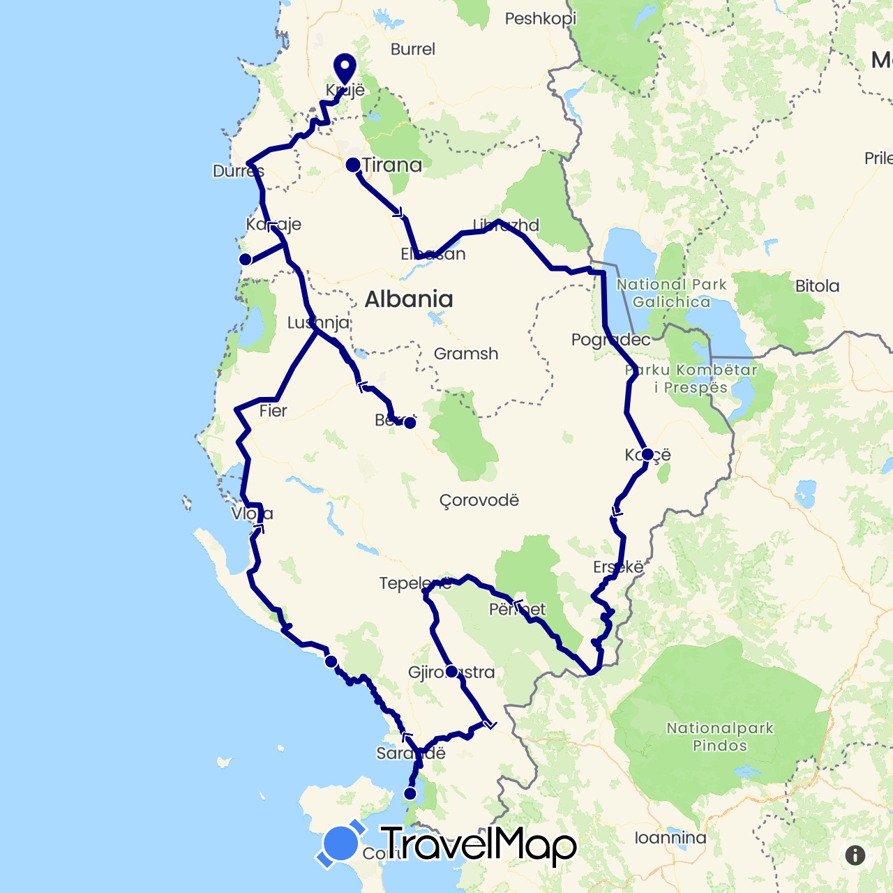 TravelMap itinerary: driving in Albania (Europe)
