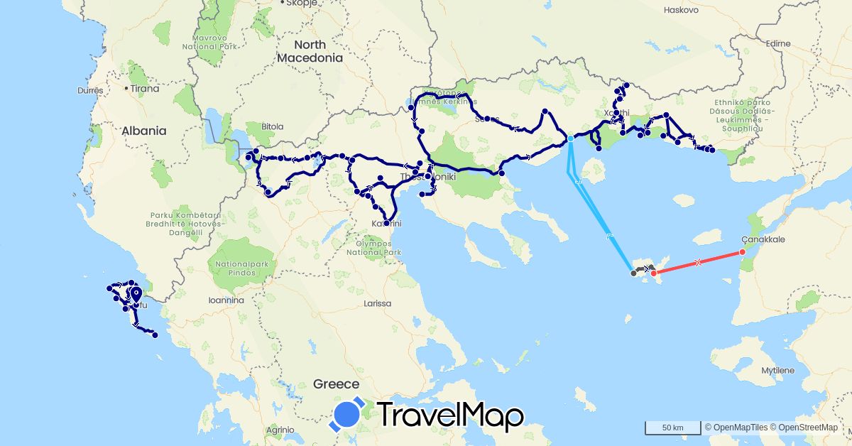 TravelMap itinerary: driving, hiking, boat, motorbike in Greece, Turkey (Asia, Europe)