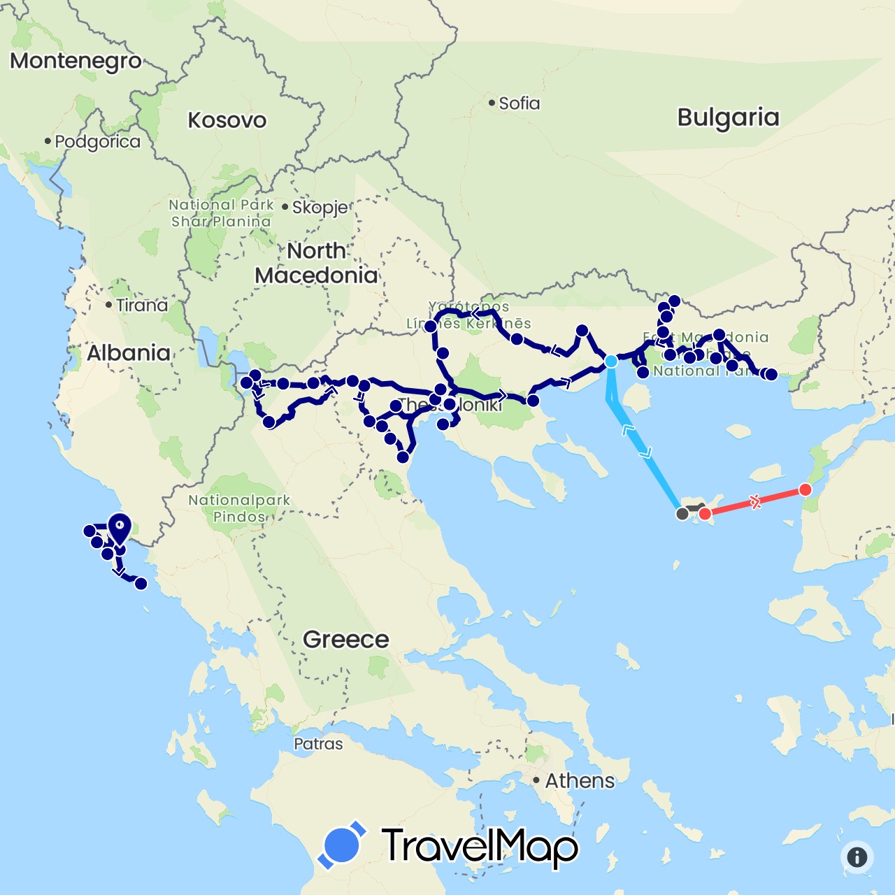 TravelMap itinerary: driving, hiking, boat, motorbike in Greece, Turkey (Asia, Europe)