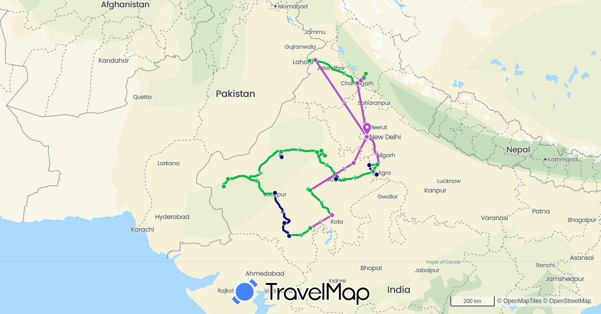 TravelMap itinerary: driving, bus, train in India (Asia)