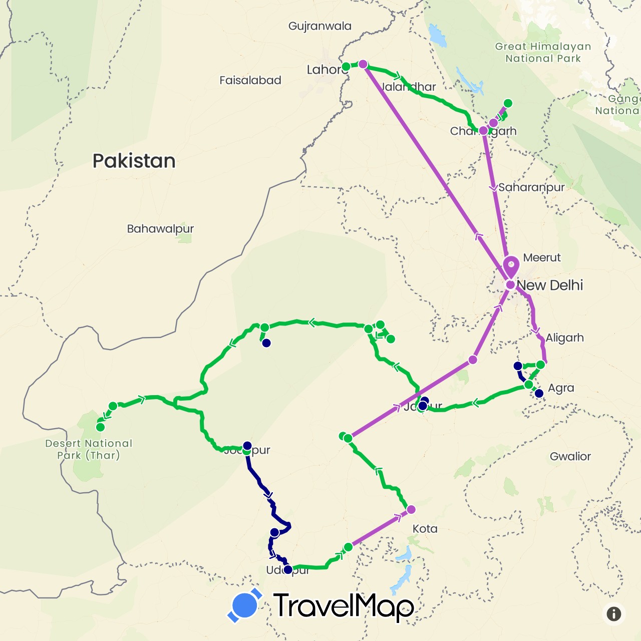 TravelMap itinerary: driving, bus, train in India (Asia)