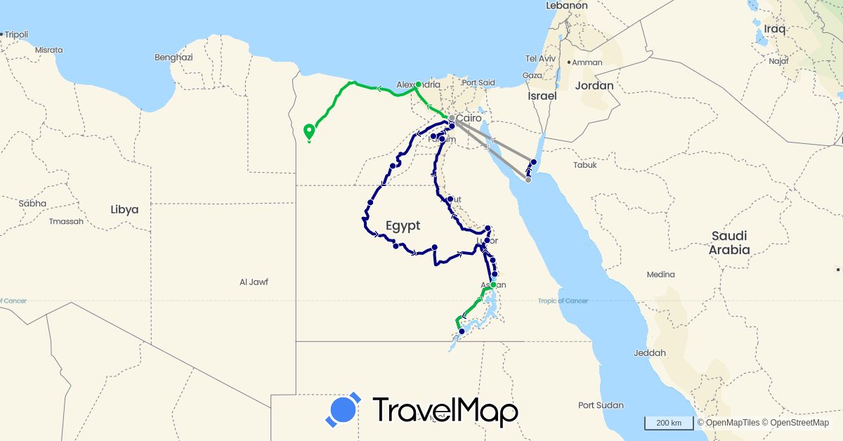 TravelMap itinerary: driving, bus, plane, boat in Egypt (Africa)