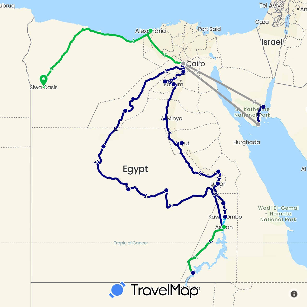 TravelMap itinerary: driving, bus, plane, boat in Egypt (Africa)