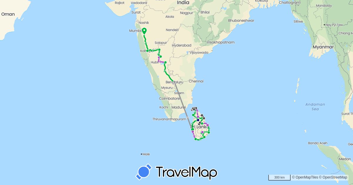 TravelMap itinerary: driving, bus, plane, train, motorbike in India, Sri Lanka (Asia)