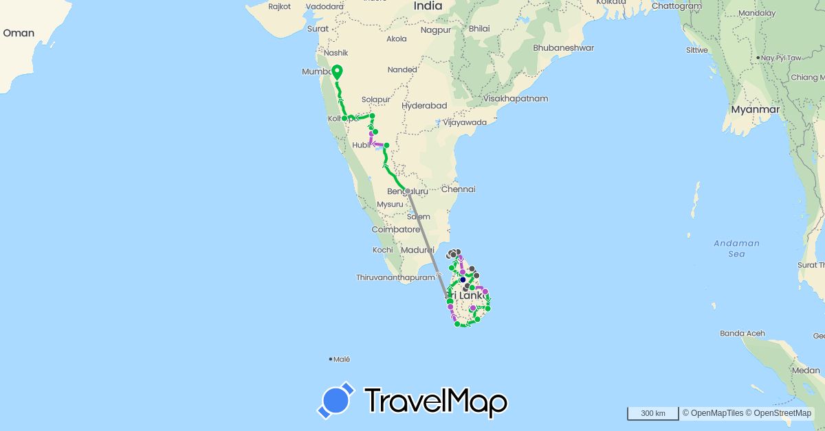 TravelMap itinerary: driving, bus, plane, train, motorbike in India, Sri Lanka (Asia)