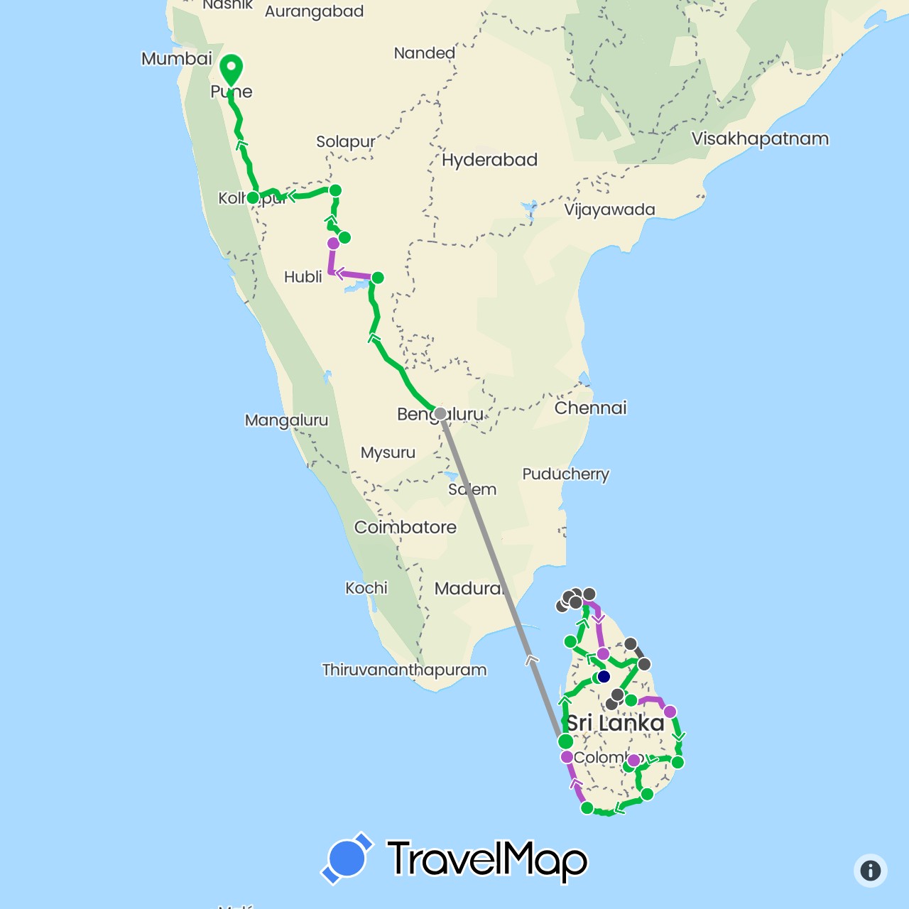 TravelMap itinerary: driving, bus, plane, train, motorbike in India, Sri Lanka (Asia)
