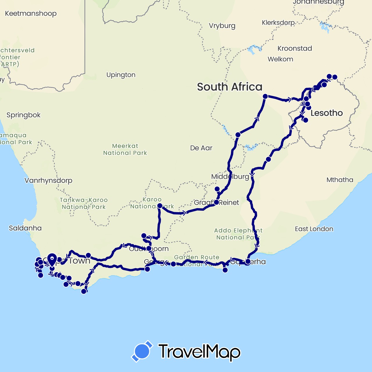 TravelMap itinerary: driving in Lesotho, South Africa (Africa)