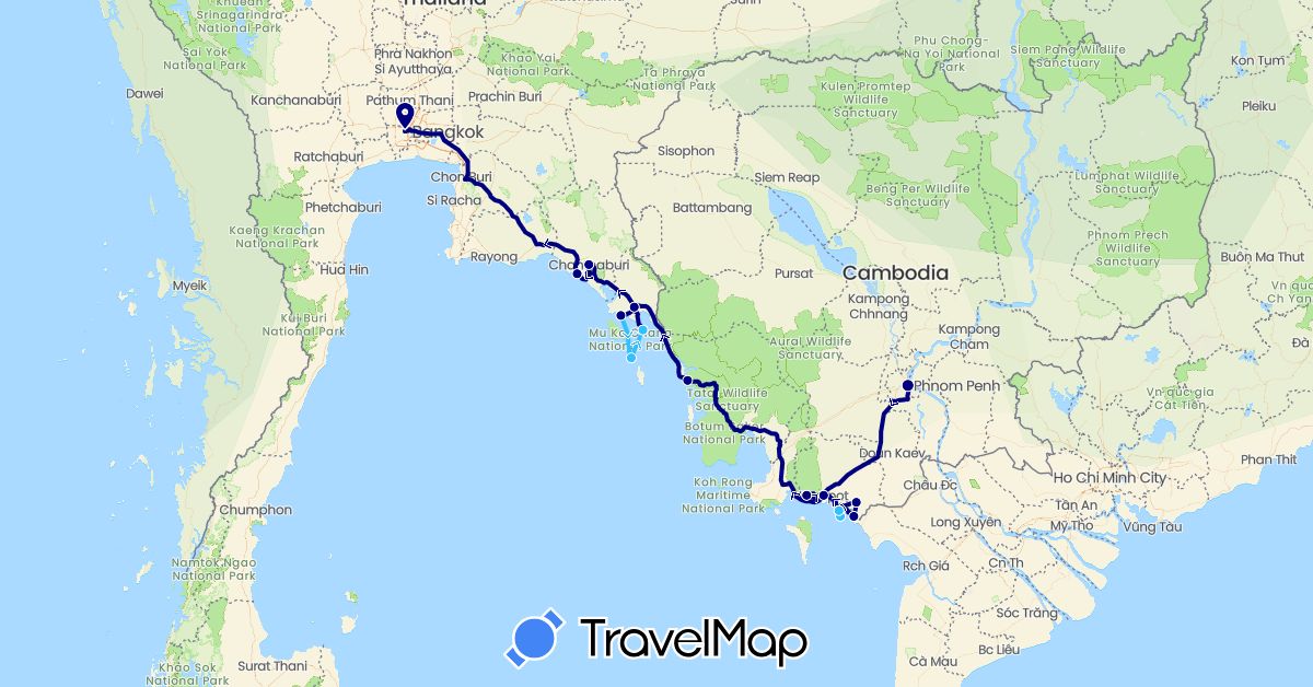 TravelMap itinerary: driving, boat in Cambodia, Thailand (Asia)