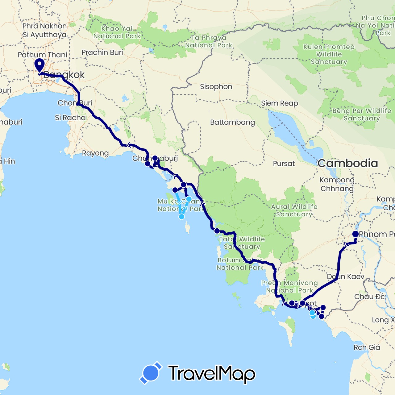 TravelMap itinerary: driving, boat in Cambodia, Thailand (Asia)