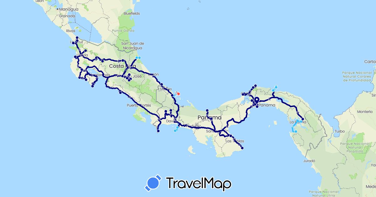 TravelMap itinerary: driving, cycling, hiking, boat in Costa Rica, Panama (North America)