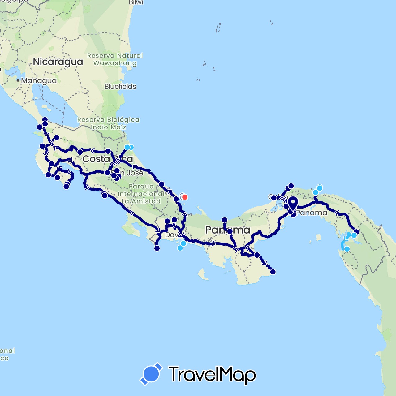 TravelMap itinerary: driving, cycling, hiking, boat in Costa Rica, Panama (North America)